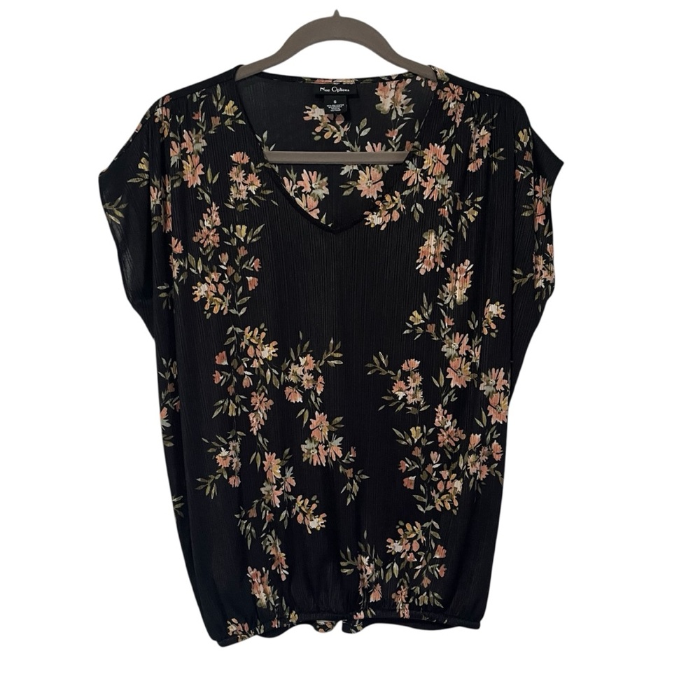 Nue Options size small women’s black and floral cap sleeve semi sheer top